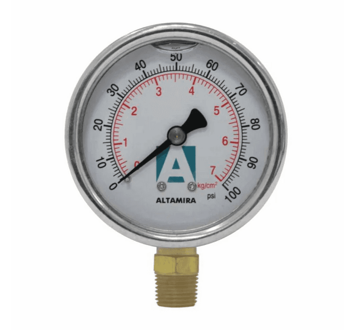 Manómetro Altamira conexión inferior 2.5″ de 0 a 100 psi, 1/4″ con glicerina, caja Inox.