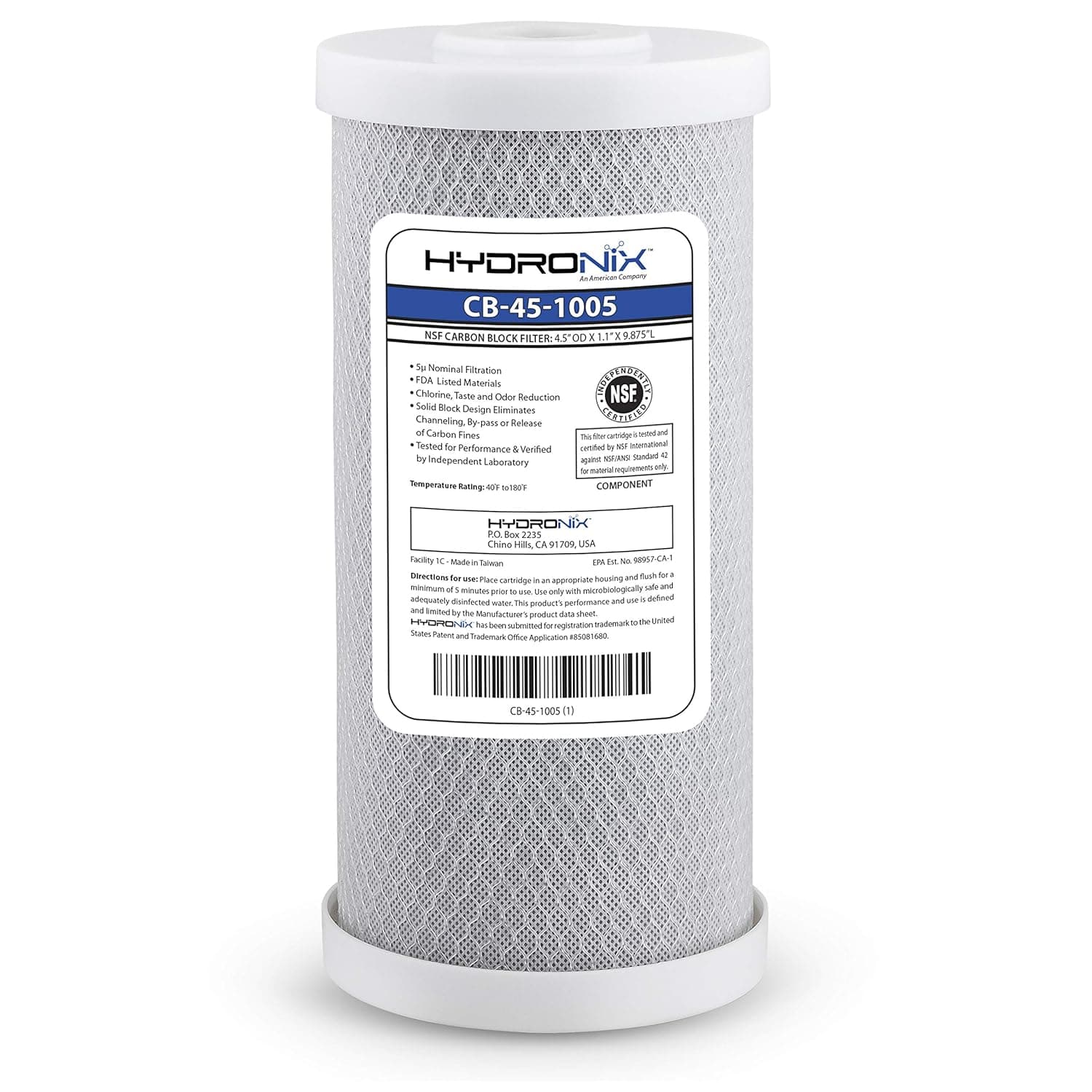 Filtro cartucho Hydronix, carbón activado tipo block, 4.5×10″, 5 micras.
