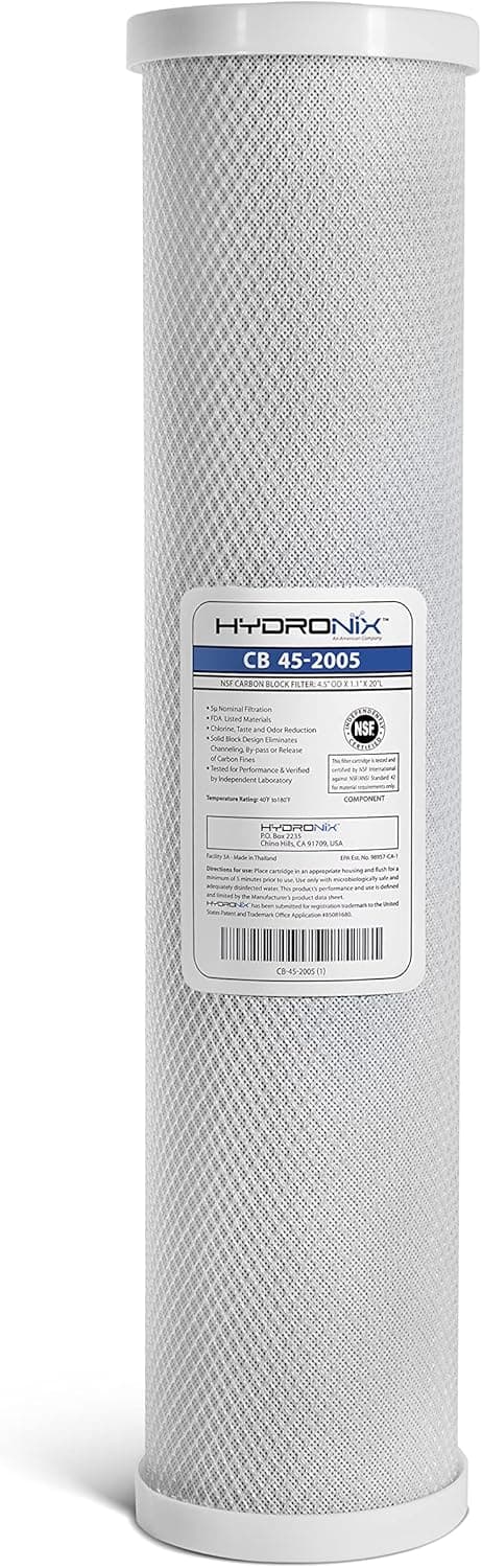 Filtro cartucho Hydronix, carbón activado tipo block, 4.5×20″, 5 micras.