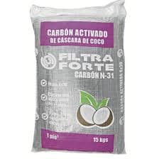 Carbón activado cáscara de coco. Pie cúbico, 15 kg.