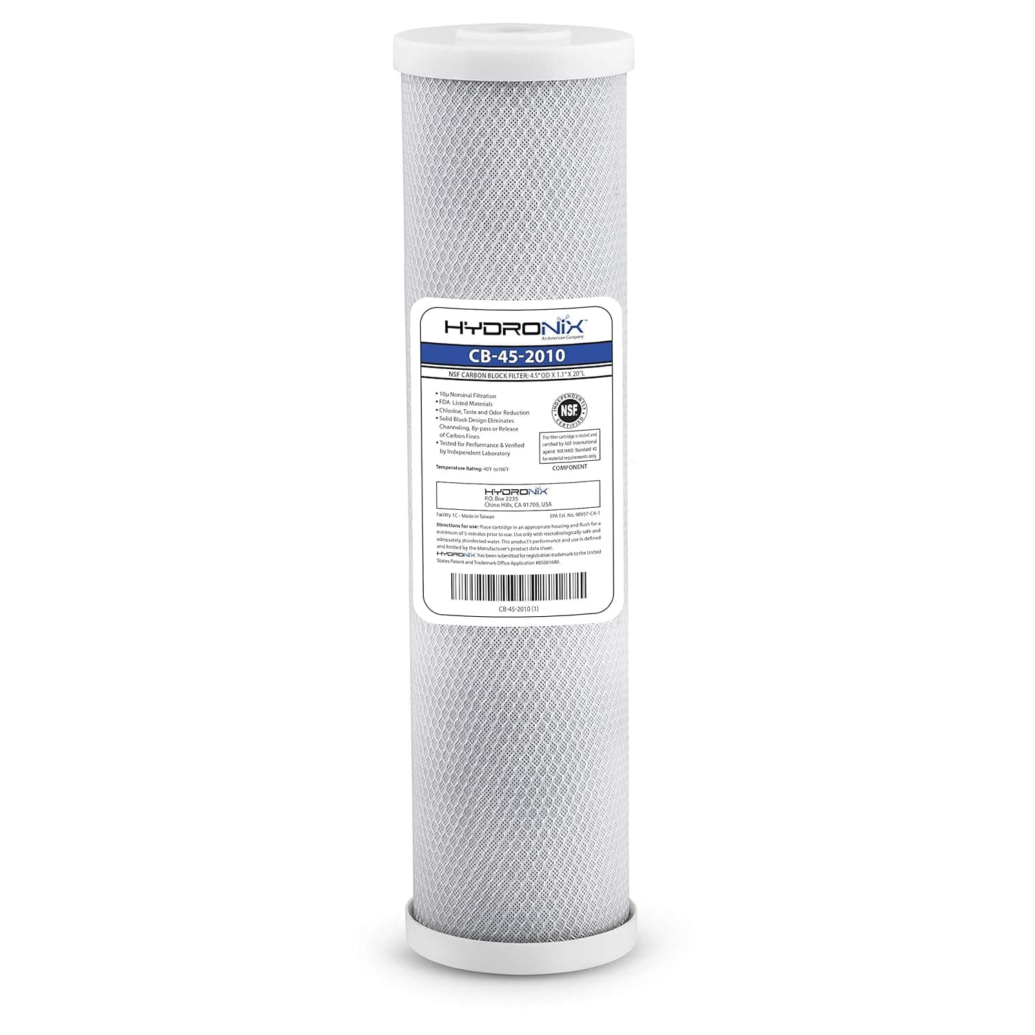 Filtro cartucho Hydronix, carbón activado tipo block, 4.5×20″, 10 micras.