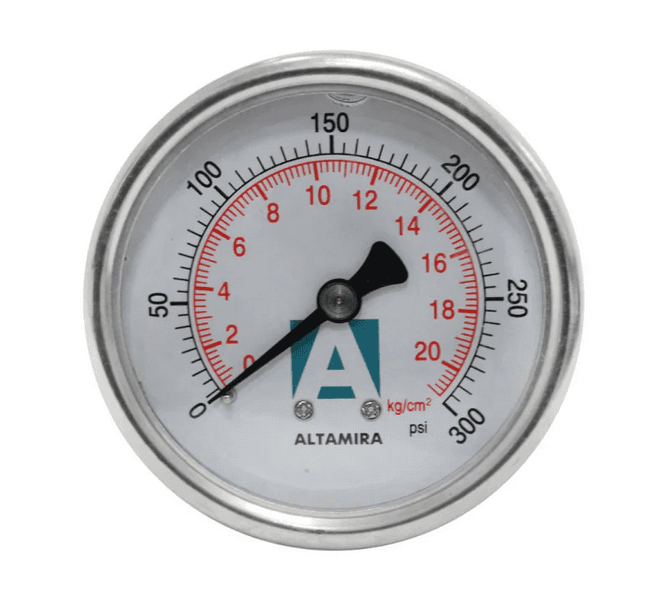 Manómetro Altamira conexión posterior 2.5″ de 0 a 300 psi, 1/4″ con glicerina, caja Inox.